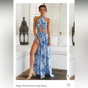 Fortune One Magic Phenomenon Blue Floral Halter Maxi Dress Size X Small